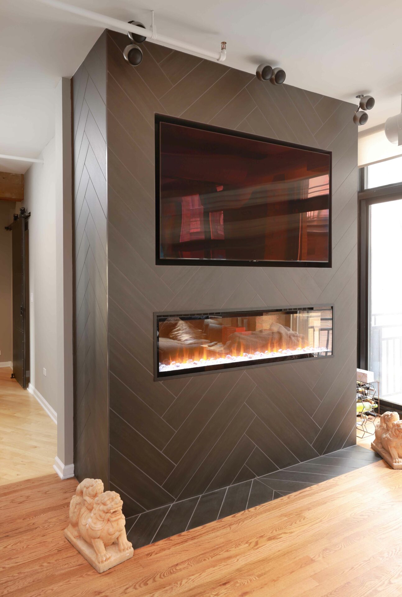 condo unit merged with updated fireplace